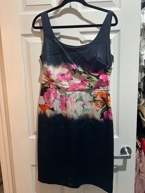 Elie Tahari Navy Midi Dress with Pink Floral Watercolor Print